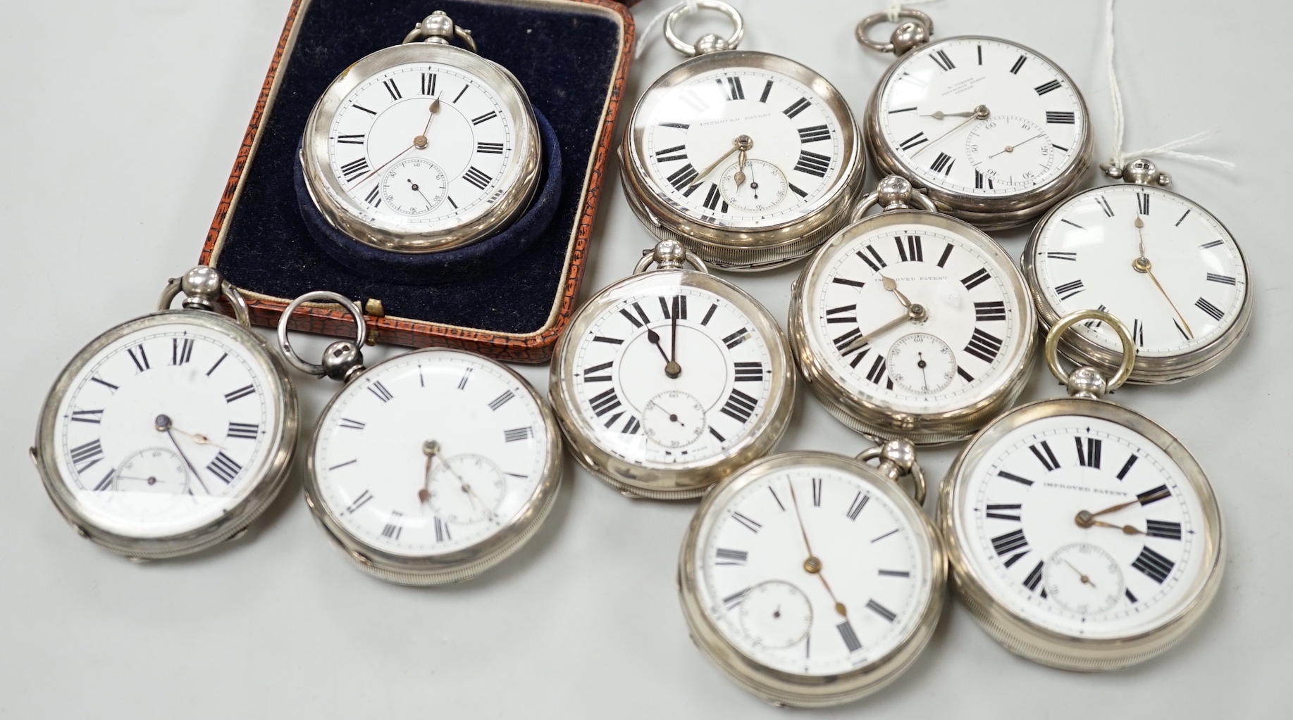 Ten assorted silver or white metal pocket watches including W. Turner and Improved Patent(2).